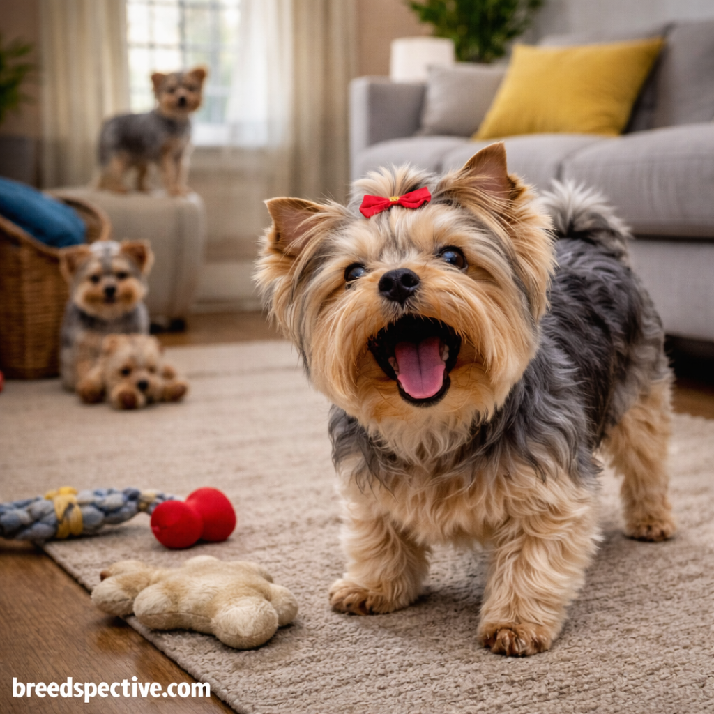 Yorkshire Terrier barking indoors while other Yorkies of different ages appear restless or anxious in the background, illustrating common behavioral challenges.