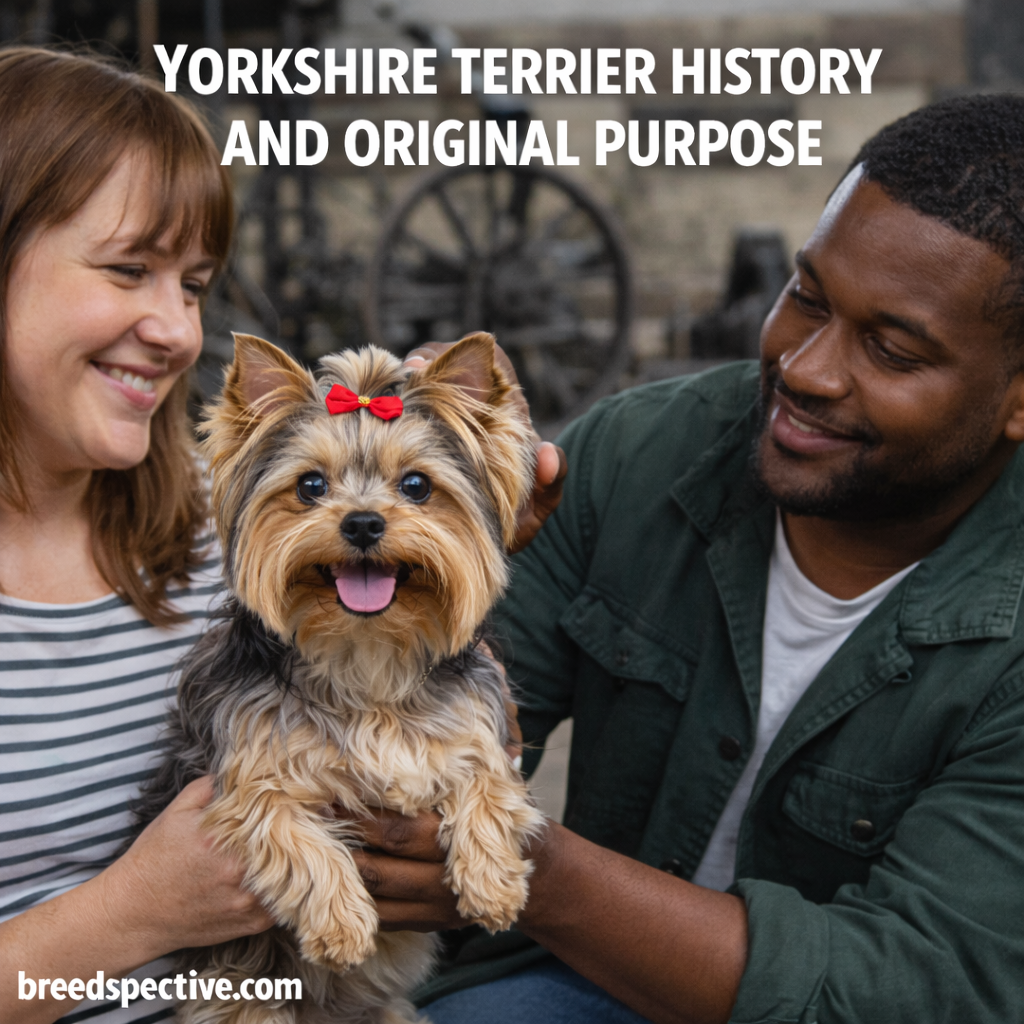 Yorkshire Terrier being held by two adults in a historic industrial-style setting, representing the breed’s origins and early working purpose.
