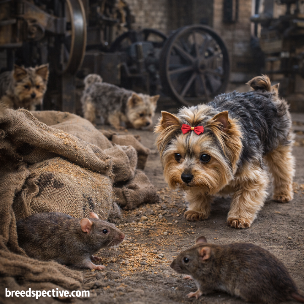 Yorkshire Terriers of different ages in an old industrial setting hunting rats, illustrating the breed’s original purpose as a working vermin control dog.