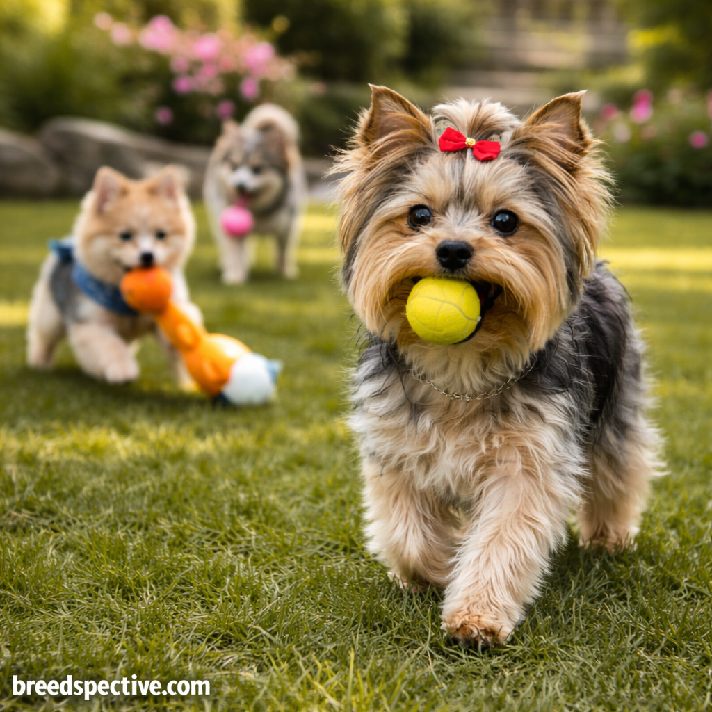 Yorkshire Terriers of different ages playing fetch in a grassy garden, showing high energy, curiosity, and playful temperament.