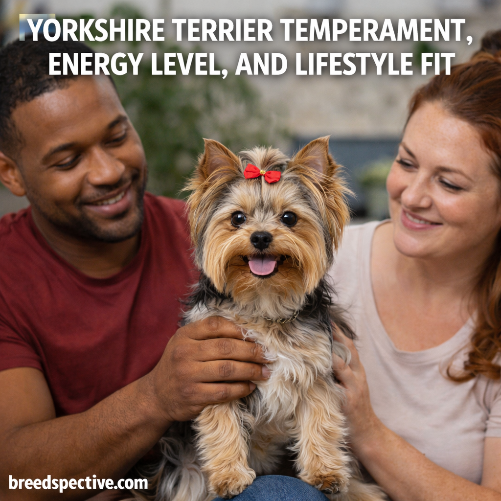 Yorkshire Terrier being held by two adults indoors, showing confident temperament, alert expression, and affectionate behavior.