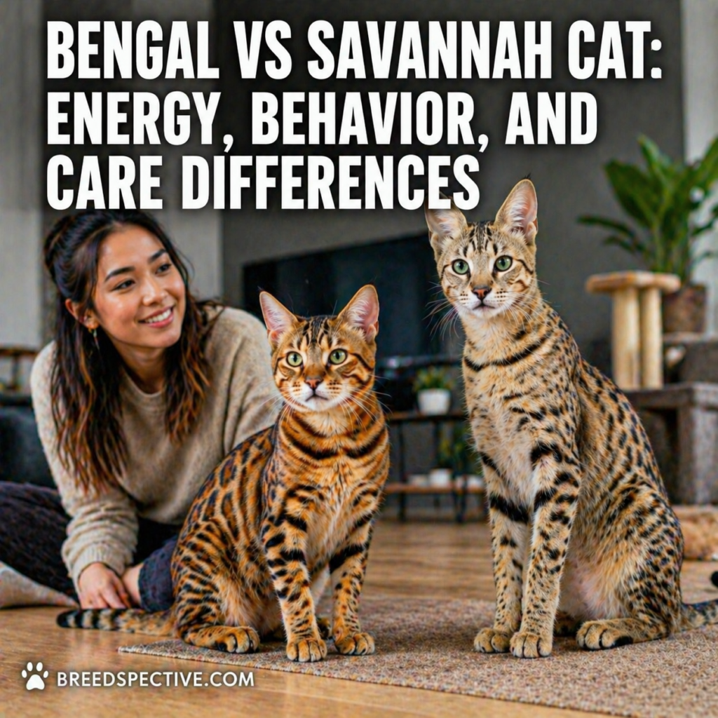 A Bengal cat and Savannah cat sitting with their owner indoors, comparing energy, behavior, and care differences.