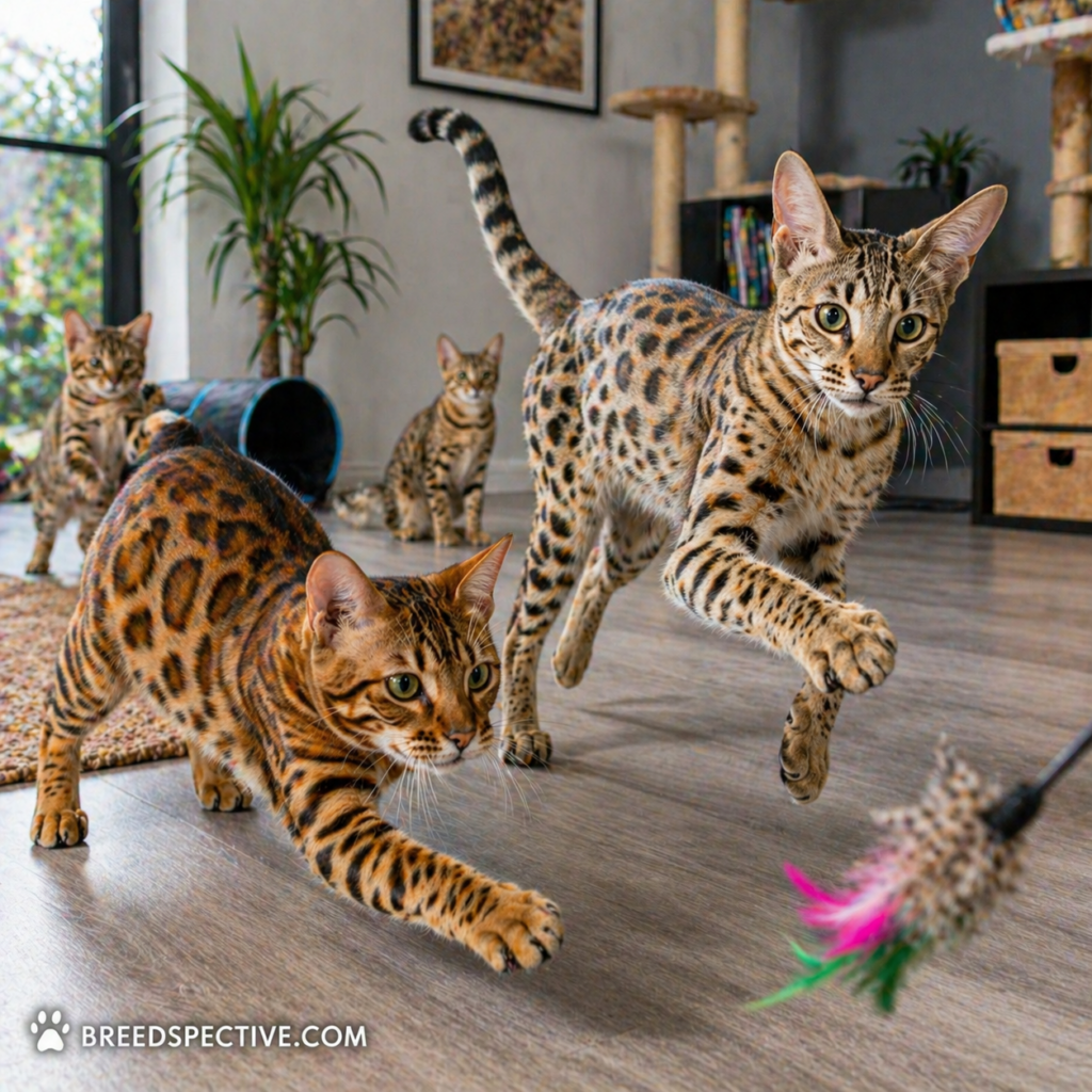 A Bengal cat and Savannah cat actively playing with a toy indoors with other cats in the background, showing high energy and stimulation needs.