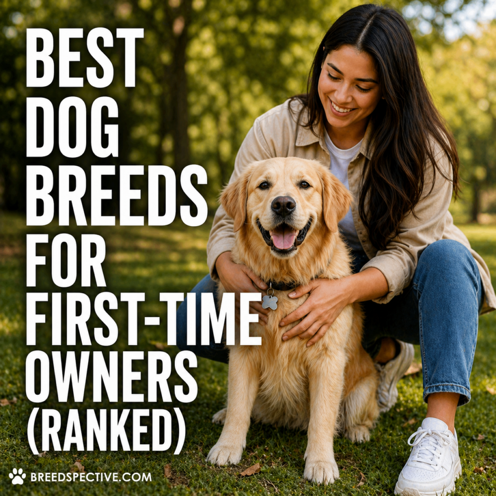 A woman smiling and sitting with a friendly golden retriever outdoors, representing the best dog breeds for first-time owners.