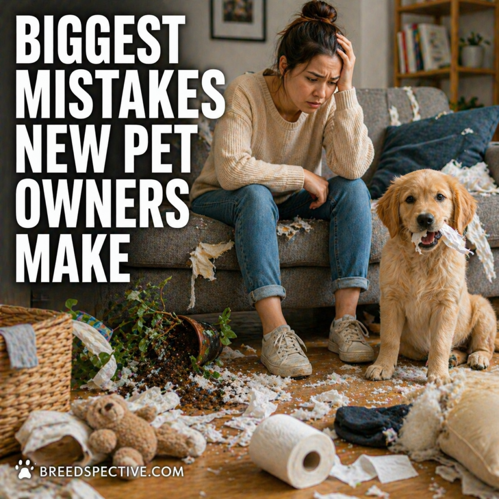 A stressed pet owner sitting on a messy couch with a playful puppy that has made a mess, illustrating common mistakes new pet owners make.