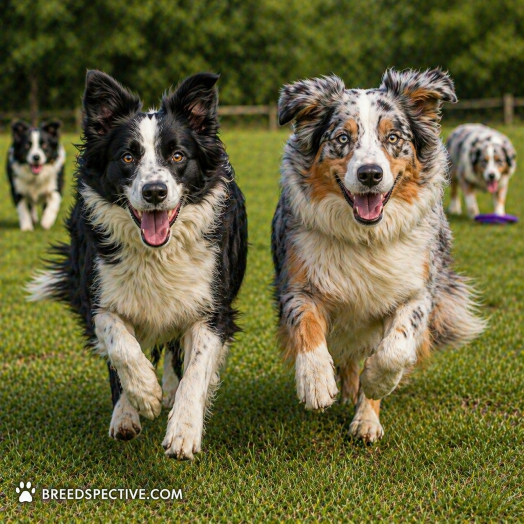 A Border Collie and Australian Shepherd running and playing in a grassy field with other dogs in the background, showing their high energy levels.