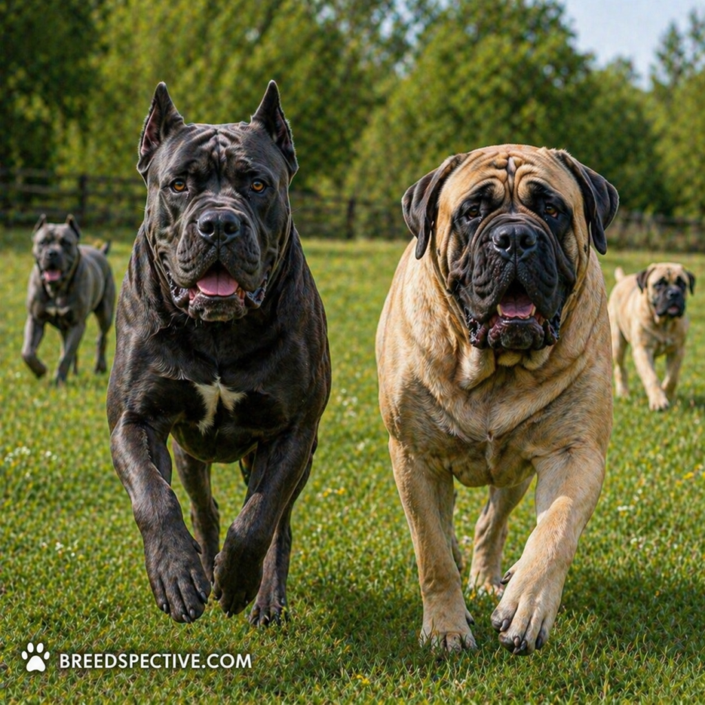 A Cane Corso and Mastiff running side by side in a grassy field with other large dogs in the background, showing their strength and movement differences.