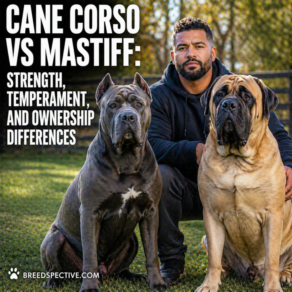 A Cane Corso and Mastiff sitting with their owner outdoors, comparing strength, temperament, and ownership differences.