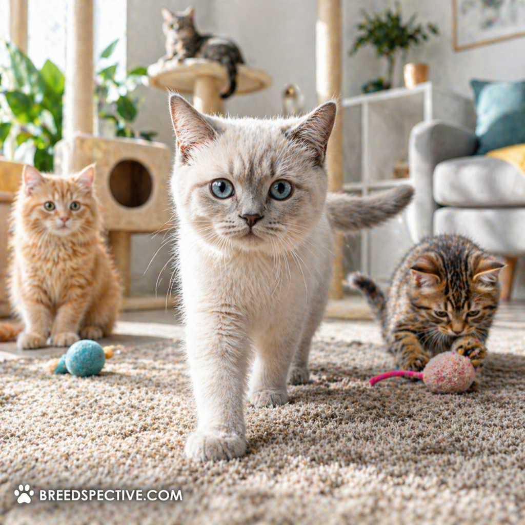 Multiple kittens of different breeds playing indoors in a cozy home, representing how different cat breeds adapt to home environments.
