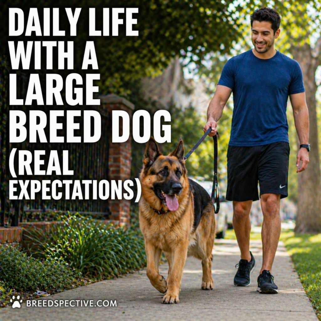 A man walking a large breed dog on a leash outdoors, showing the daily routine and responsibility of owning a big dog.