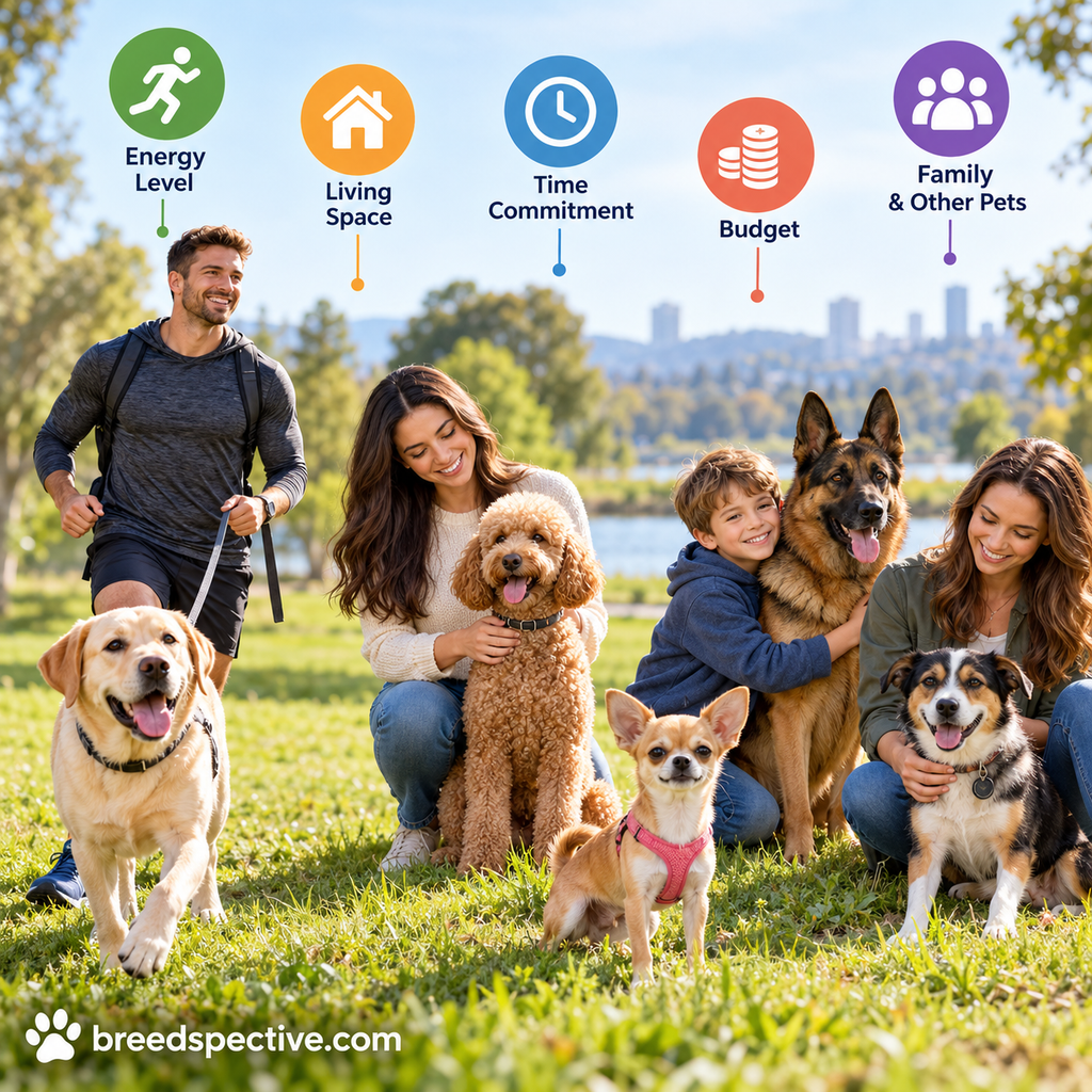 Dog breeds matched with lifestyle factors including energy level, living space, time commitment, budget, and family compatibility.