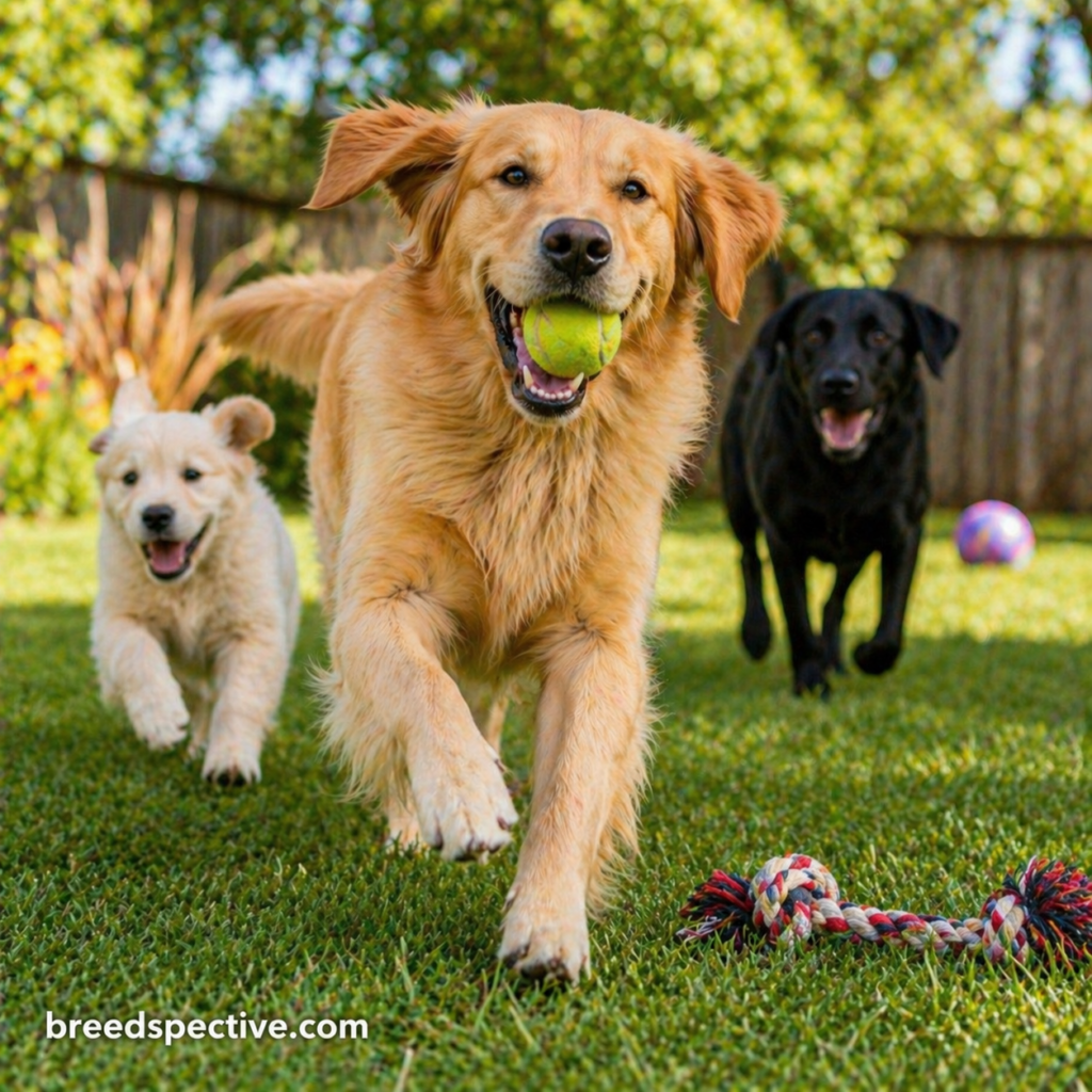 Dogs running and playing with toys in a backyard, showing daily exercise and activity after getting a dog.