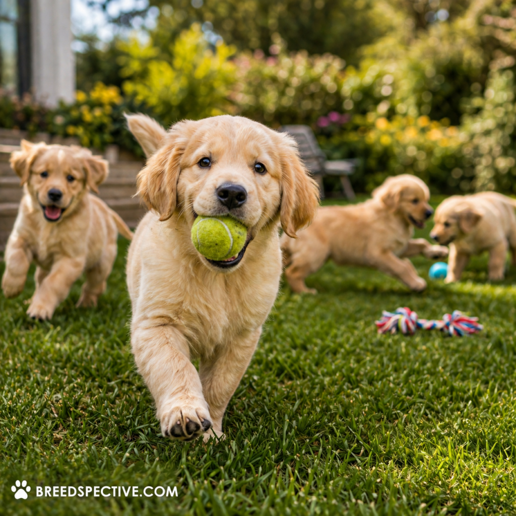 A group of playful dogs of different ages running and fetching in a grassy park, representing easy-to-train dog breeds with high engagement and responsiveness.