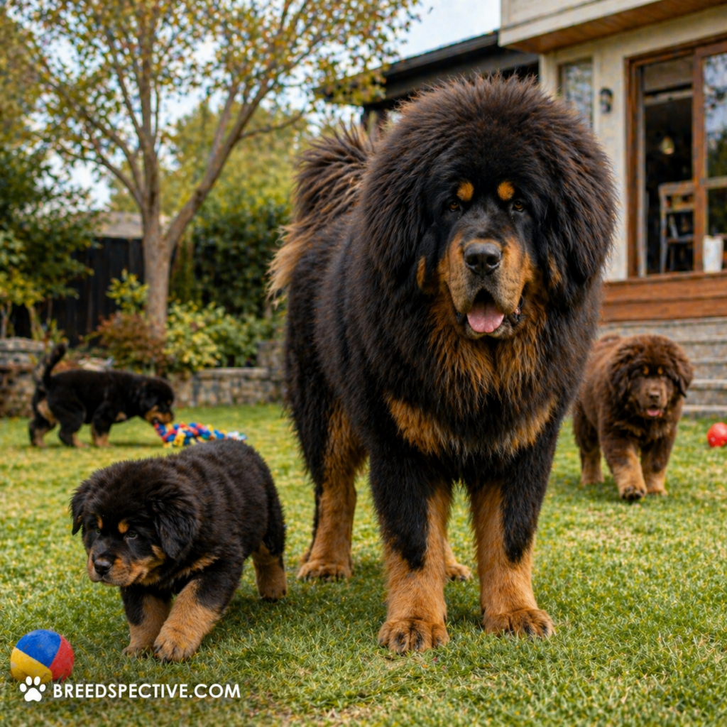 A large fluffy dog with puppies playing in a backyard, representing expensive dog breeds that require high maintenance and care.
