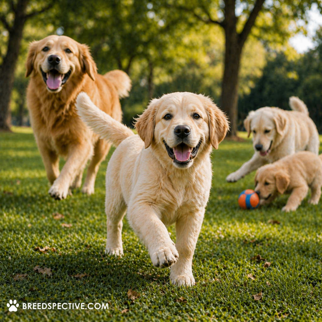 Friendly dogs of different ages playing together in a park, representing beginner-friendly dog breeds and social behavior.