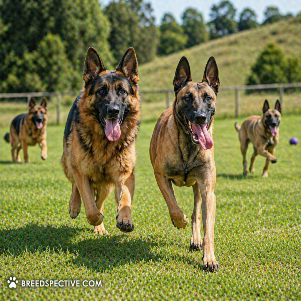 A German Shepherd and Belgian Malinois running side by side in a grassy field, showing their high energy and activity levels.