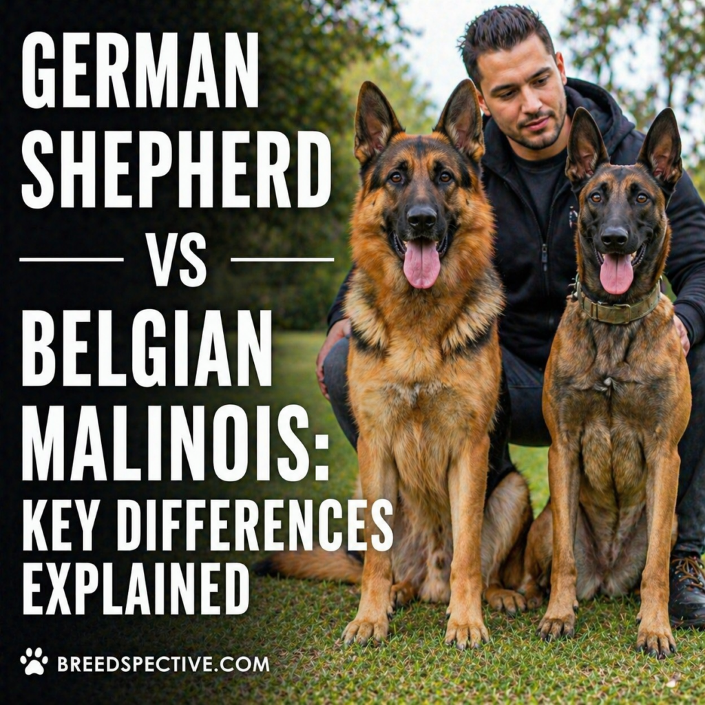 A German Shepherd and Belgian Malinois sitting side by side with their owner outdoors, comparing key differences between the two breeds.