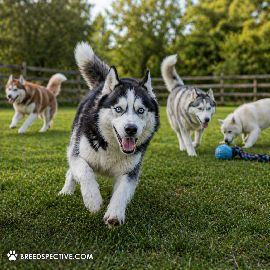 A group of high-energy huskies running and playing in a grassy field, representing difficult dog breeds that require intense exercise and stimulation.