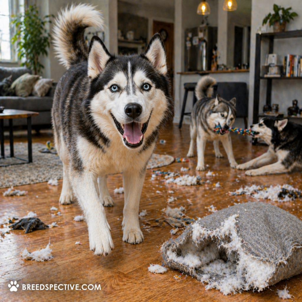 A high-energy dog inside an apartment with torn cushions and scattered debris, showing destructive behavior caused by lack of space and stimulation.