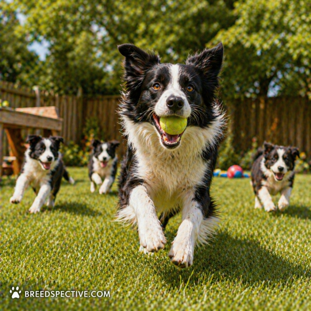 A high-energy Border Collie running with a ball in a backyard while other dogs play in the background, showing active behavior.