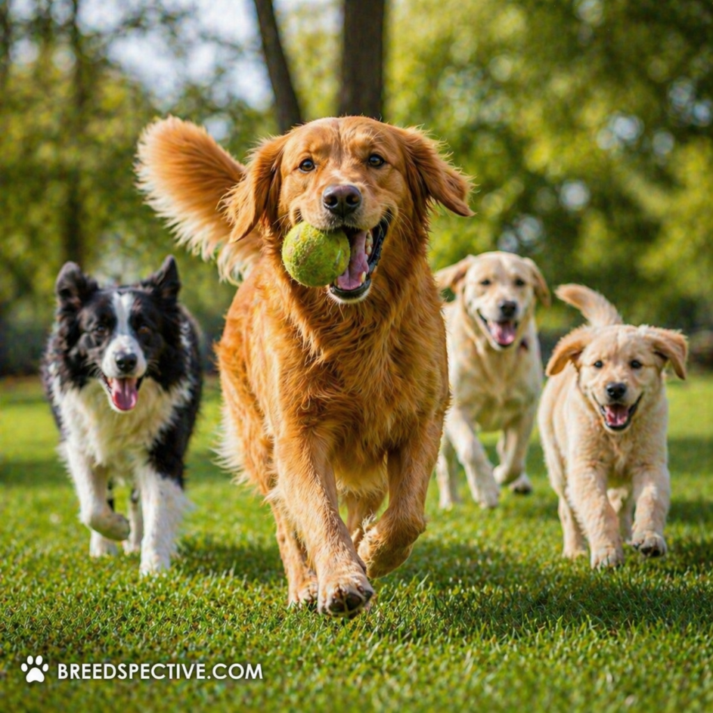 A group of energetic dogs running and playing in a grassy park, representing high-energy dog breeds that require daily exercise.