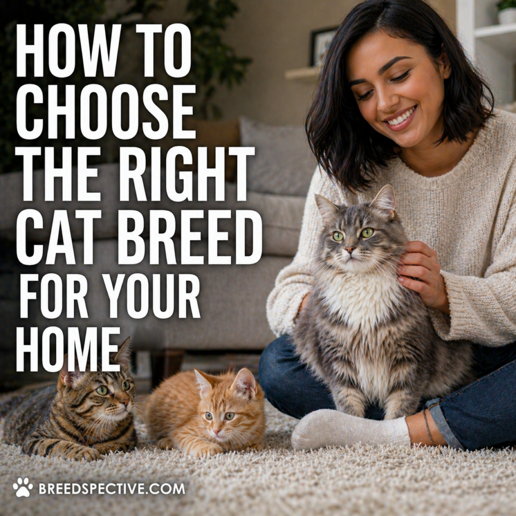 A woman sitting with multiple cats in a cozy home setting, representing how to choose the right cat breed for your lifestyle and environment.