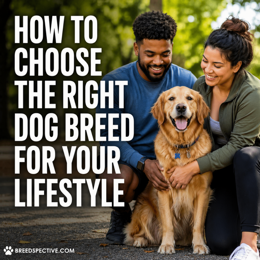 A diverse couple sitting outdoors with a happy dog, representing how to choose the right dog breed for your lifestyle.