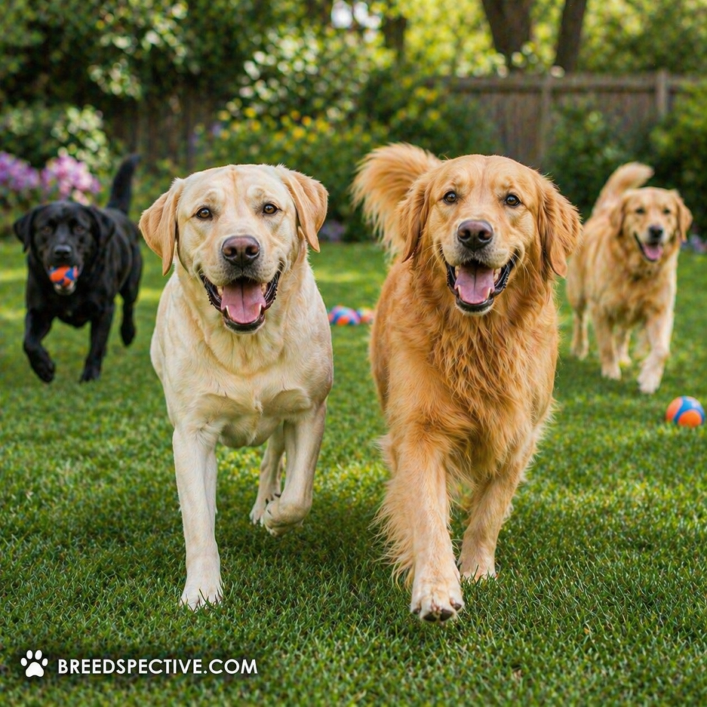A Labrador Retriever and Golden Retriever running and playing together in a backyard, comparing their energy levels and activity needs.