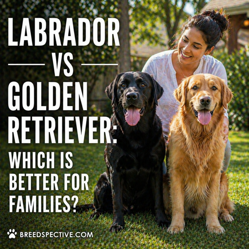 A woman sitting outdoors with a Labrador Retriever and a Golden Retriever, comparing which breed is better for families.