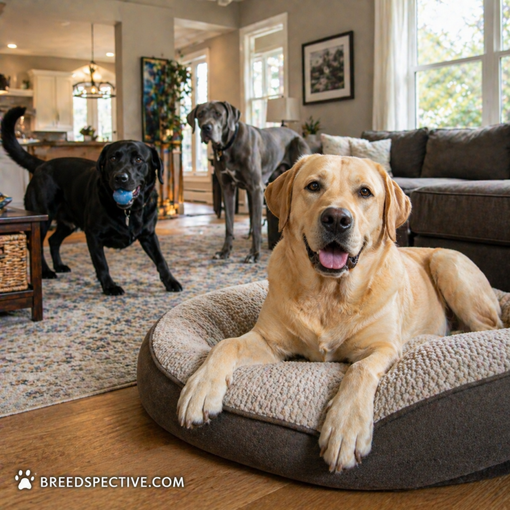 Large breed dogs relaxing and playing inside a spacious living room, showing indoor space needs and lifestyle.