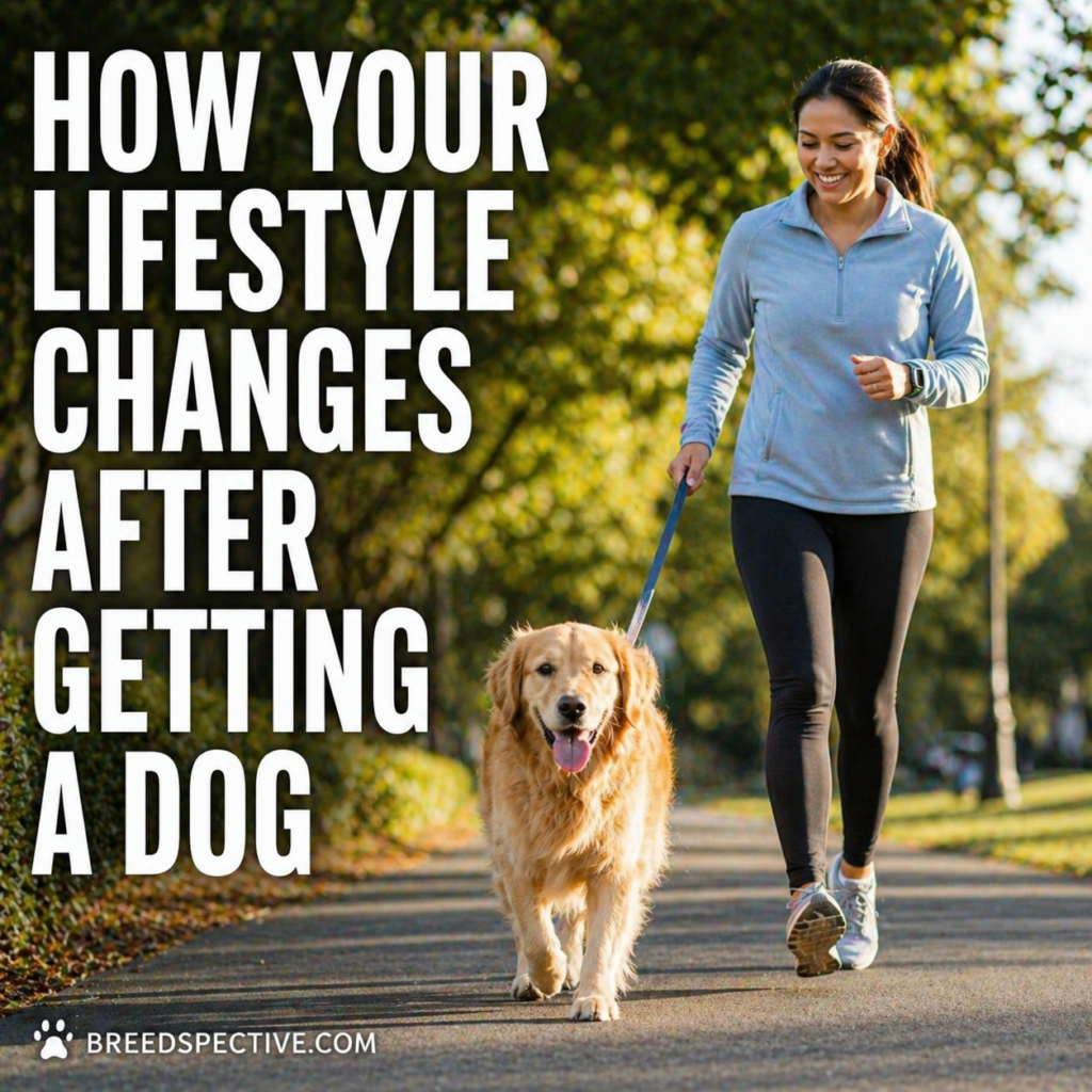A woman walking her dog in a park, representing how daily routines and lifestyle change after getting a dog.
