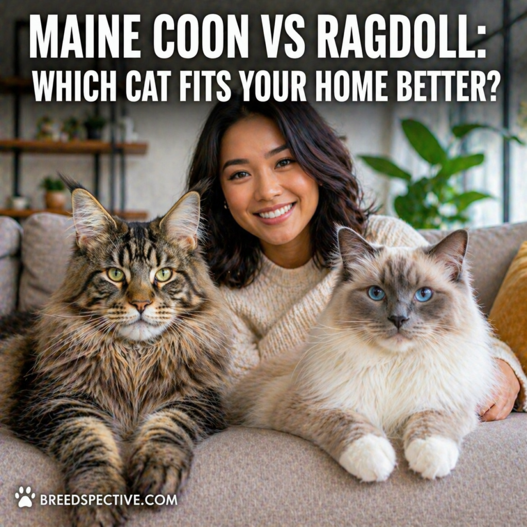 A Maine Coon and Ragdoll cat sitting with their owner on a couch, comparing which breed fits your home better.