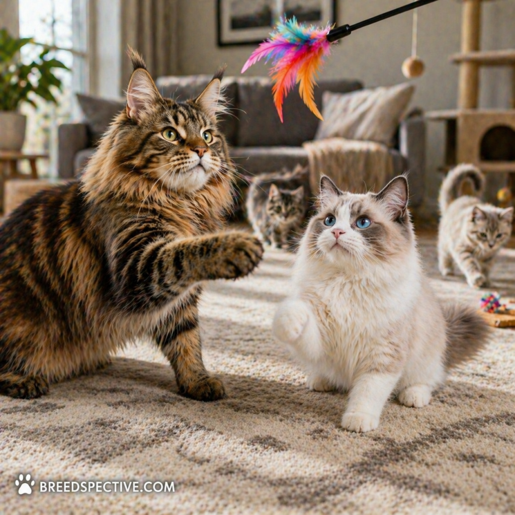 A Maine Coon and Ragdoll cat playing with a feather toy indoors with other cats in the background, showing differences in activity and behavior.