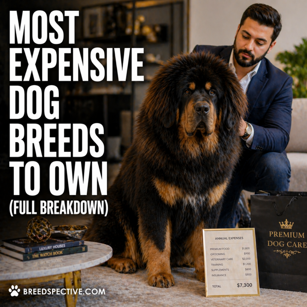 A well-dressed man sitting with a large Tibetan Mastiff in a modern home, representing the high cost of owning expensive dog breeds.
