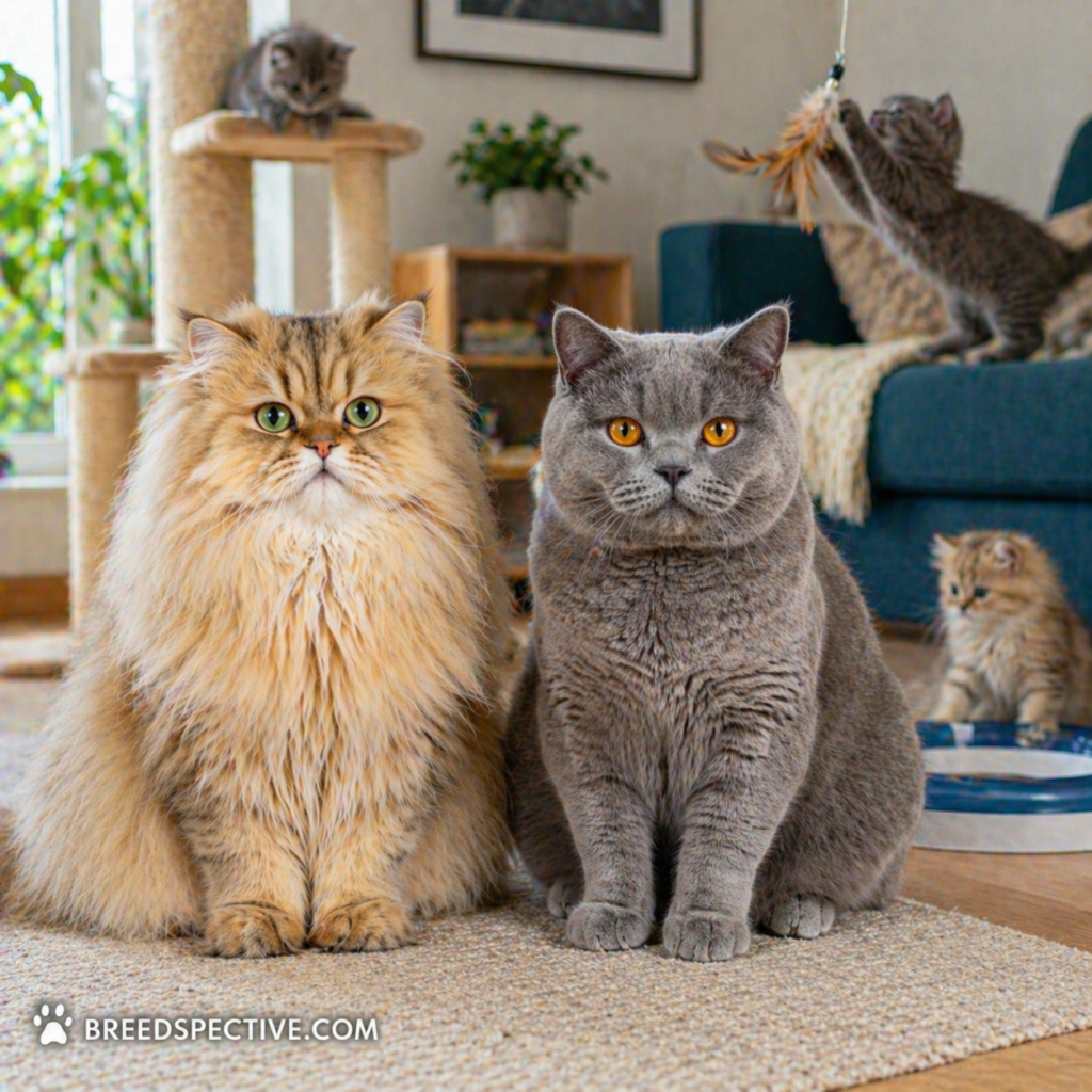 A Persian cat and British Shorthair sitting indoors with other cats in the background, showing differences in coat type and lifestyle behavior.