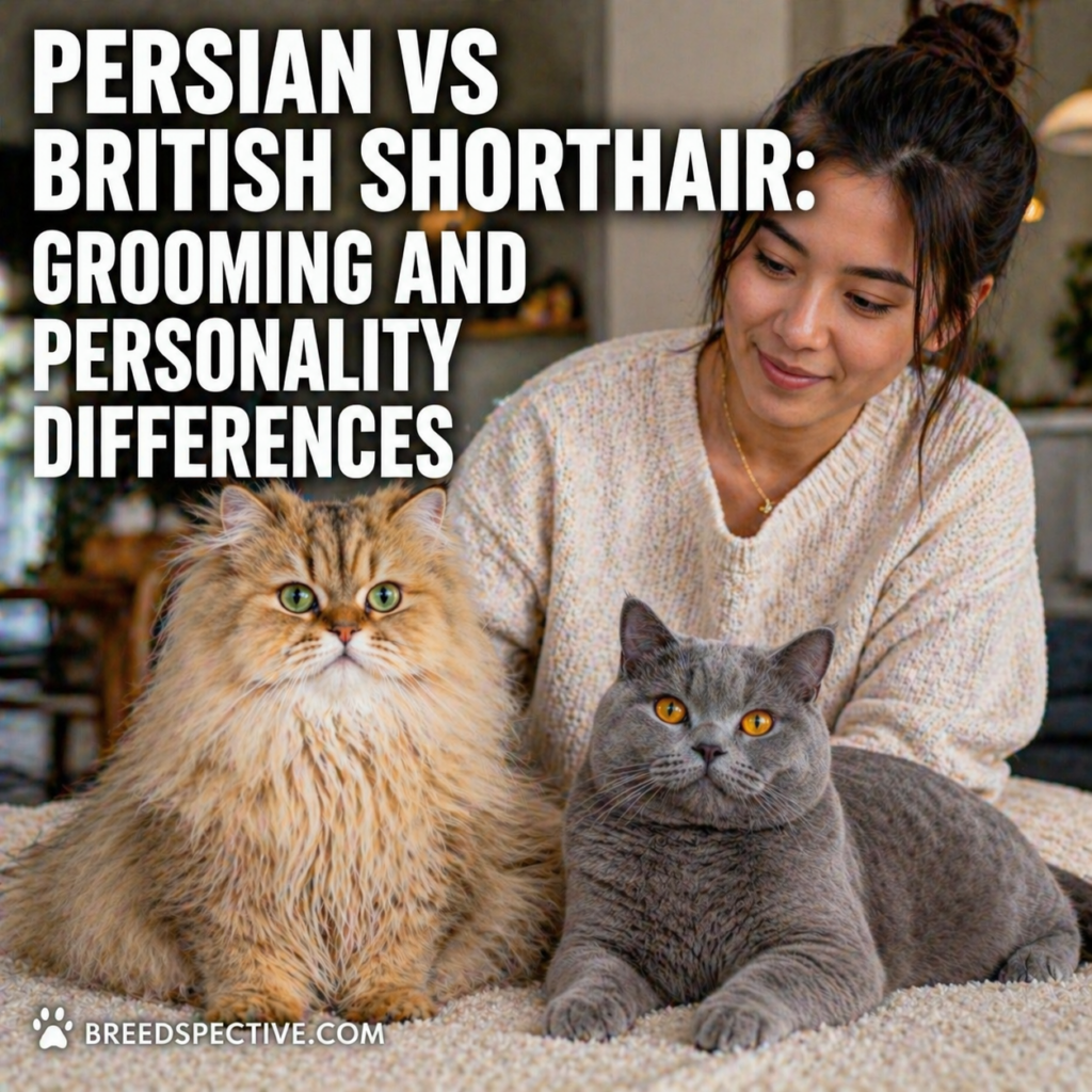 A Persian cat and British Shorthair sitting with their owner indoors, comparing grooming needs and personality differences.