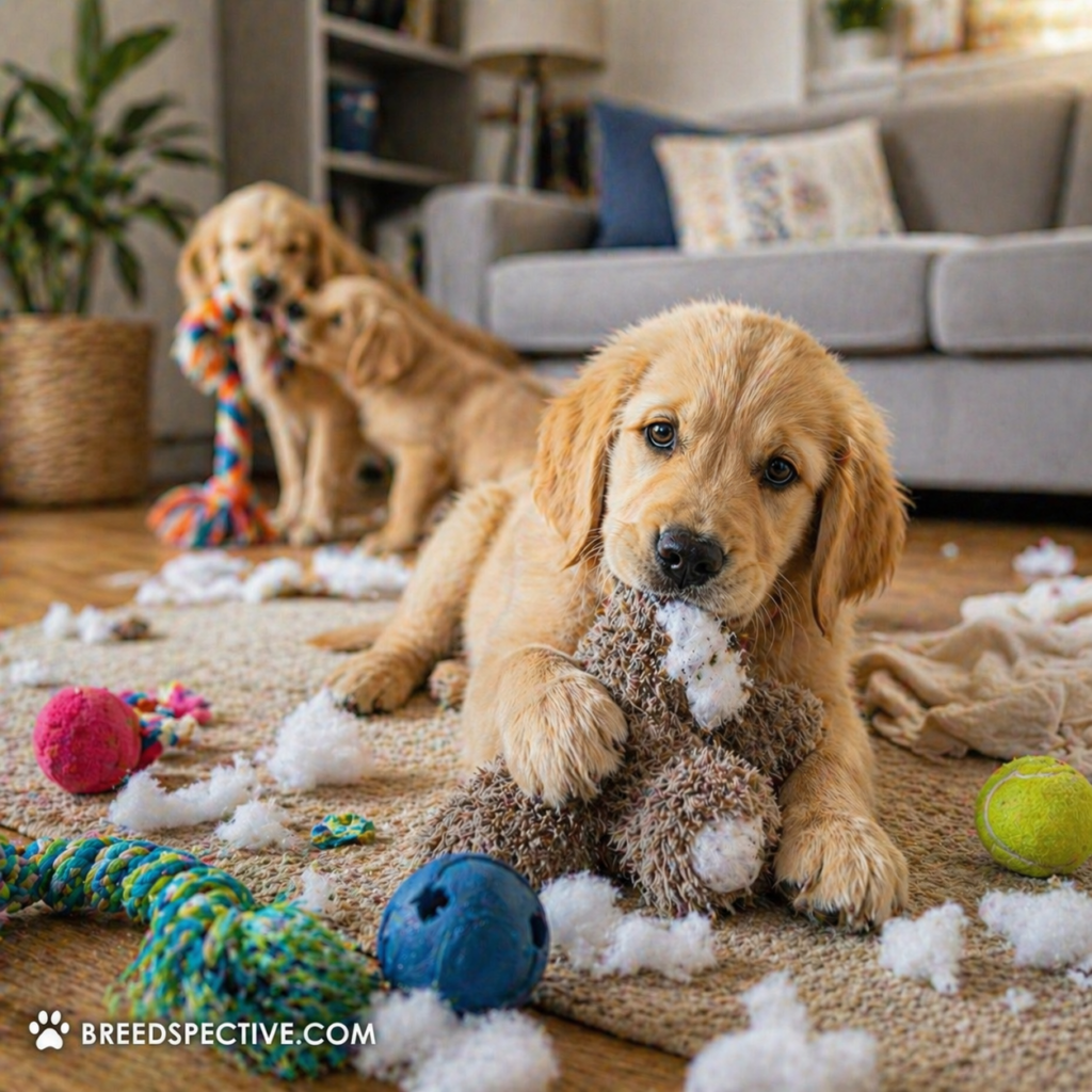Playful dogs chewing toys and making a mess indoors, showing the real challenges of owning a dog.