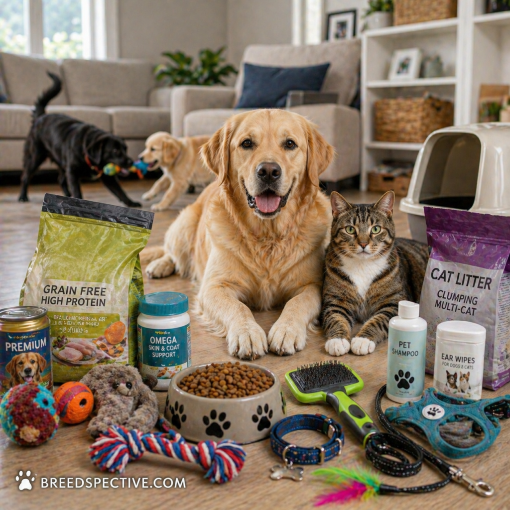 A dog and cat surrounded by pet food, toys, grooming supplies, and accessories in a living room, showing ongoing ownership costs.