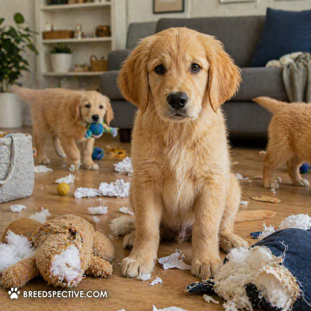 Playful puppies making a mess indoors with torn toys and scattered debris, illustrating common mistakes first-time pet owners make with breed selection.