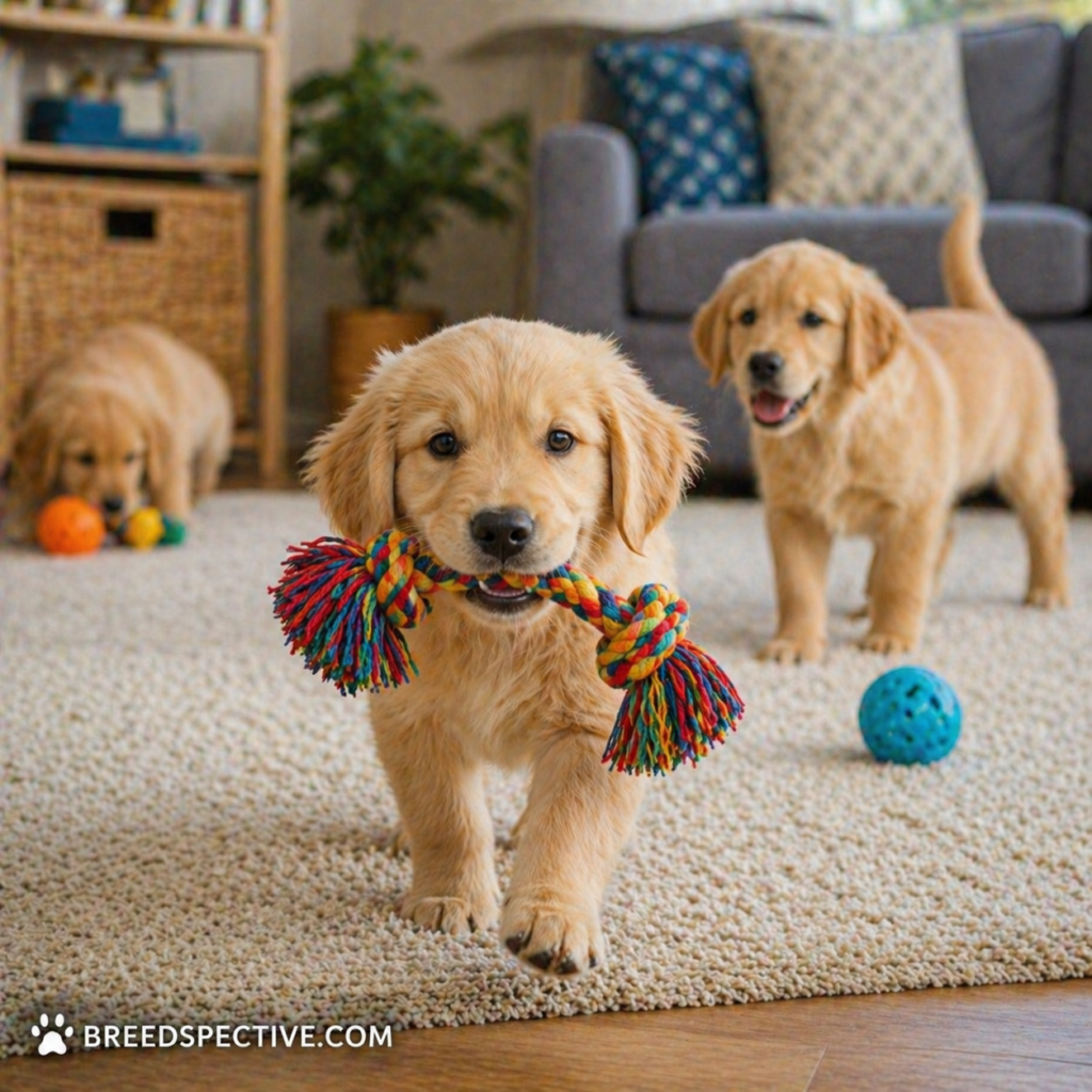 Golden retriever puppies playing with toys indoors, showing early adjustment and activity during the first 30 days with a new pet.