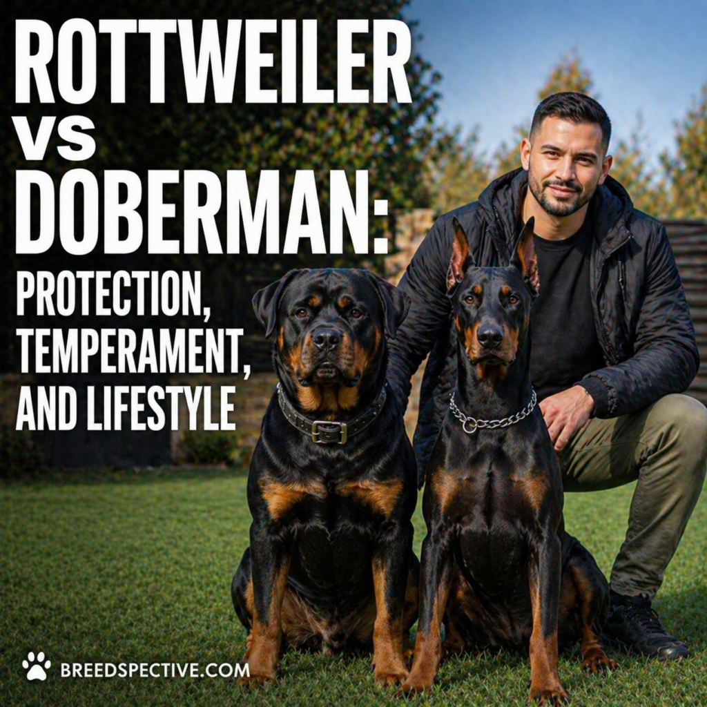 A Rottweiler and Doberman sitting with their owner outdoors, comparing protection, temperament, and lifestyle differences.