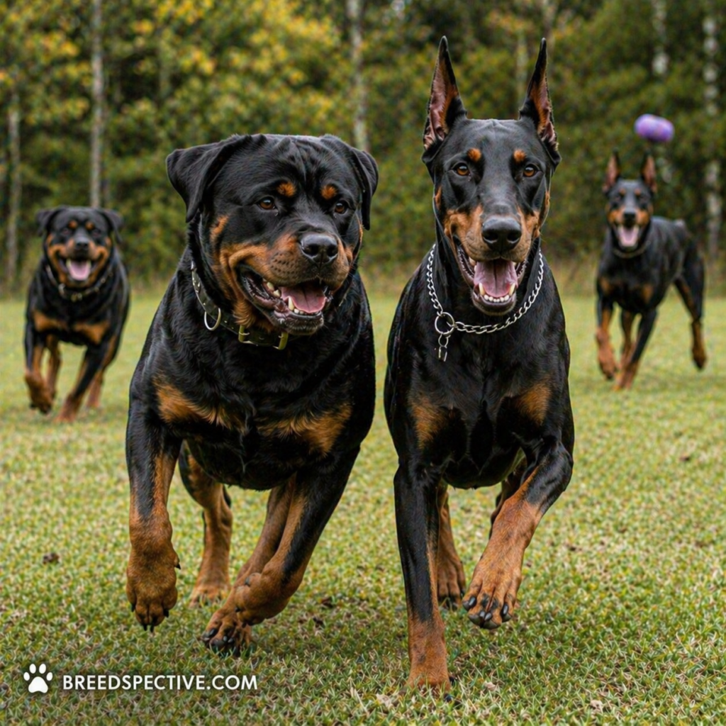 A Rottweiler and Doberman running side by side in a grassy field, showing differences in energy and athleticism.
