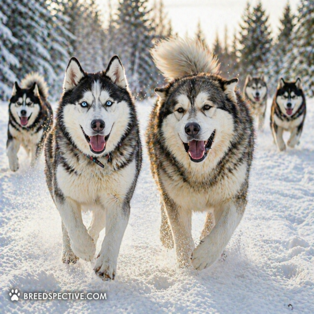 A Siberian Husky and Alaskan Malamute running through snow with other dogs in the background, showing their endurance and high energy levels.