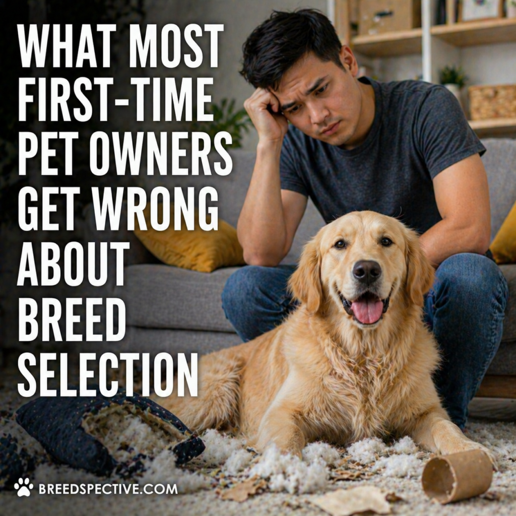 A frustrated first-time pet owner sitting next to a dog that made a mess indoors, illustrating common mistakes in breed selection.
