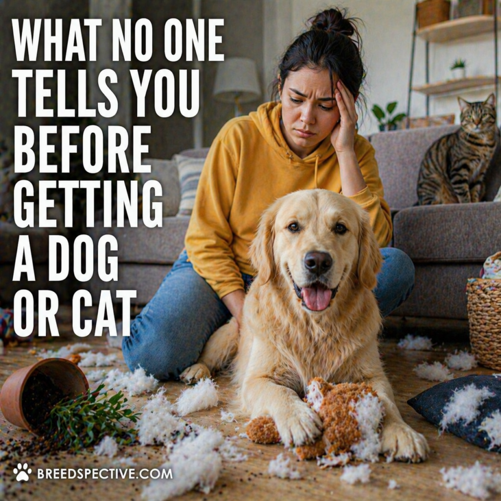 A stressed pet owner sitting on the floor with a dog and a messy room, illustrating the realities of owning a dog or cat.