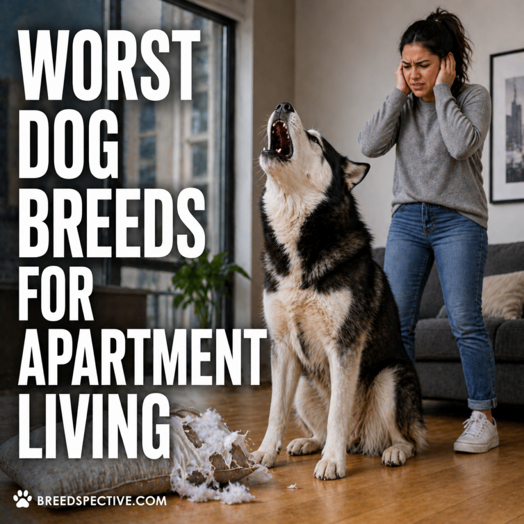 A frustrated woman covering her ears while a large dog howls loudly inside an apartment, illustrating challenges of unsuitable dog breeds for apartment living.